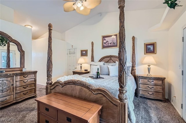 bedroom featuring vaulted ceiling, dark carpet, and a ceiling fan