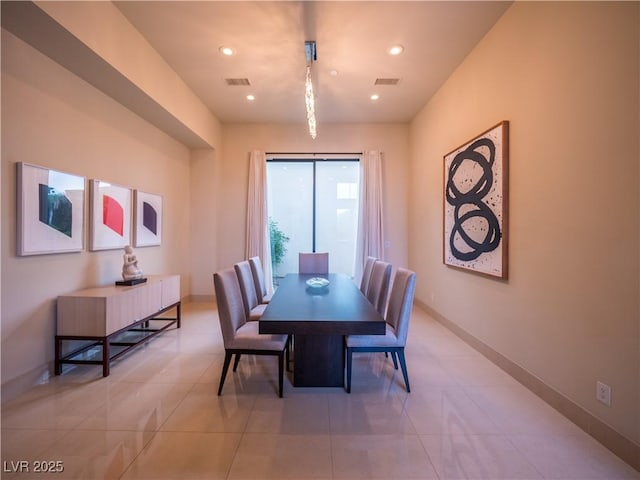 dining space featuring recessed lighting, visible vents, baseboards, and light tile patterned floors