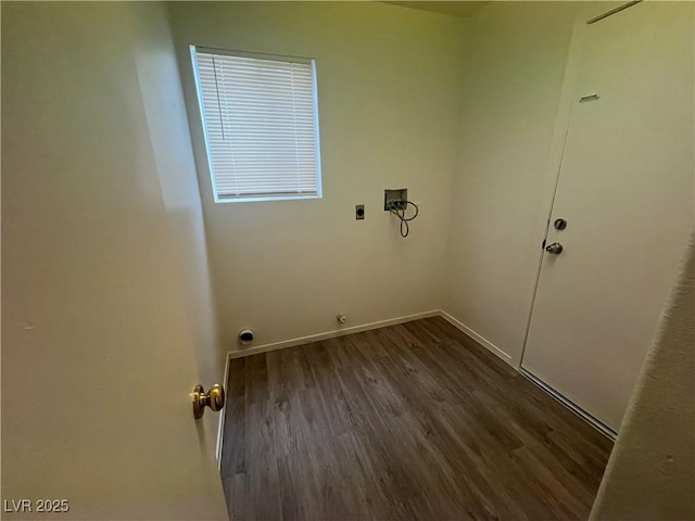 washroom with laundry area, baseboards, dark wood-type flooring, hookup for a washing machine, and hookup for an electric dryer