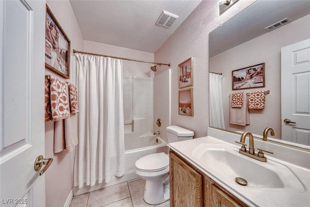 full bath featuring visible vents, a textured ceiling, toilet, and tile patterned floors