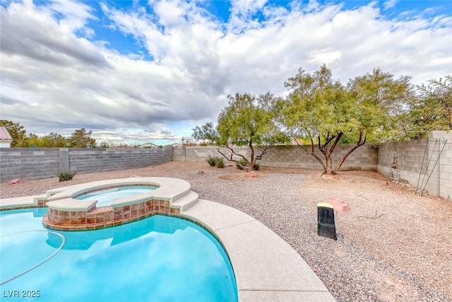 view of swimming pool with an in ground hot tub, a fenced backyard, and a fenced in pool