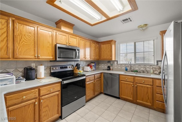 kitchen with visible vents, appliances with stainless steel finishes, a sink, light countertops, and backsplash