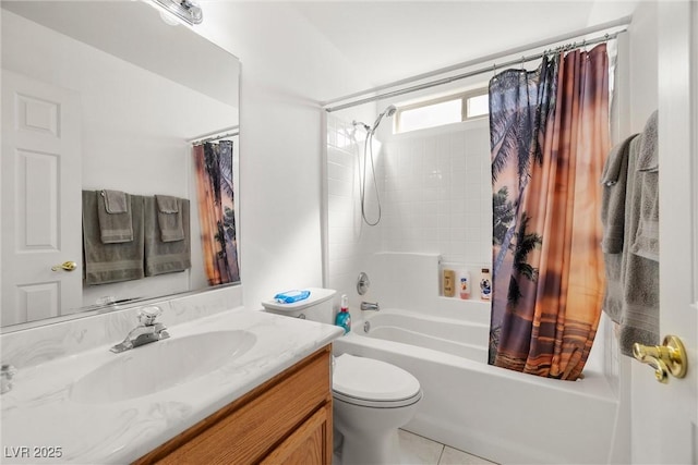 bathroom featuring shower / bath combo, vanity, toilet, and tile patterned floors