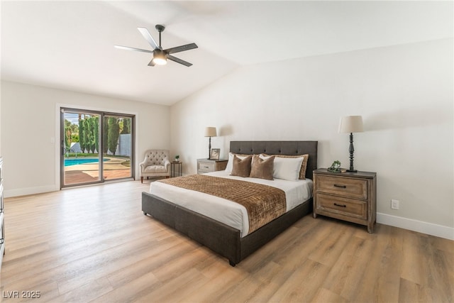 bedroom featuring light wood finished floors, baseboards, lofted ceiling, ceiling fan, and access to outside