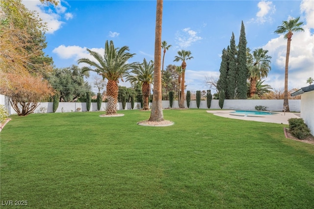 view of yard with a fenced backyard and a fenced in pool