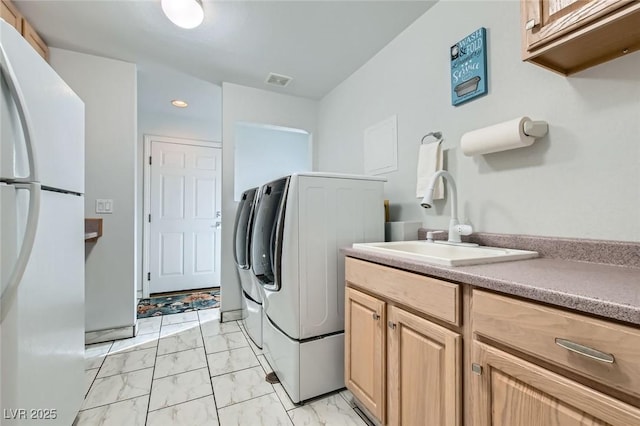 laundry area featuring recessed lighting, a sink, visible vents, marble finish floor, and cabinet space