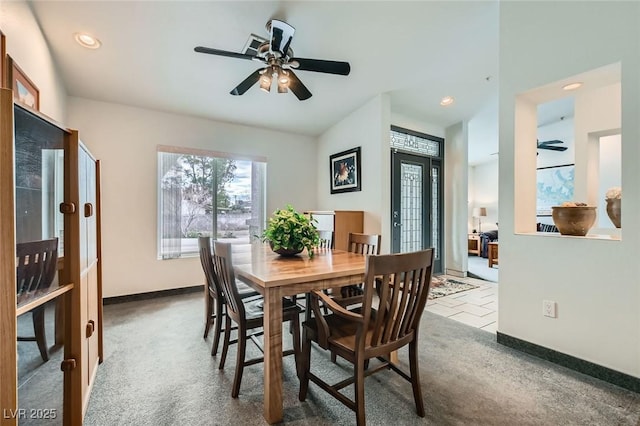 carpeted dining space featuring recessed lighting, french doors, ceiling fan, and baseboards