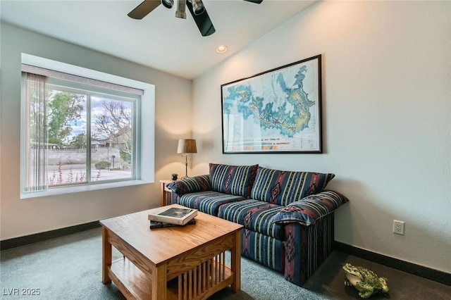 carpeted living room featuring lofted ceiling, ceiling fan, baseboards, and recessed lighting