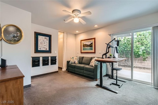 interior space with a ceiling fan, dark colored carpet, baseboards, and recessed lighting