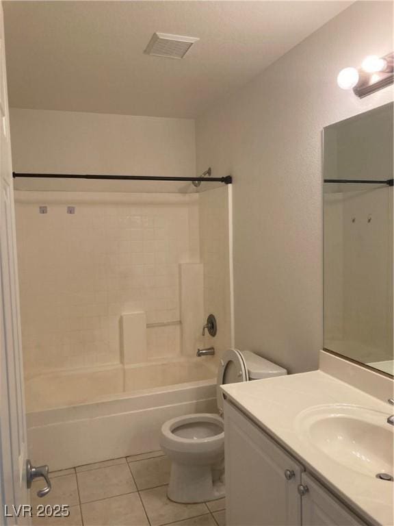 bathroom with vanity, visible vents, shower / washtub combination, tile patterned floors, and toilet