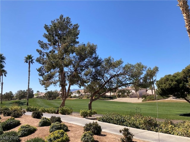 view of community featuring a yard and view of golf course