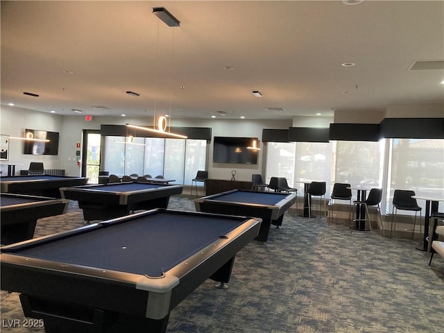 rec room with visible vents, recessed lighting, pool table, and carpet floors