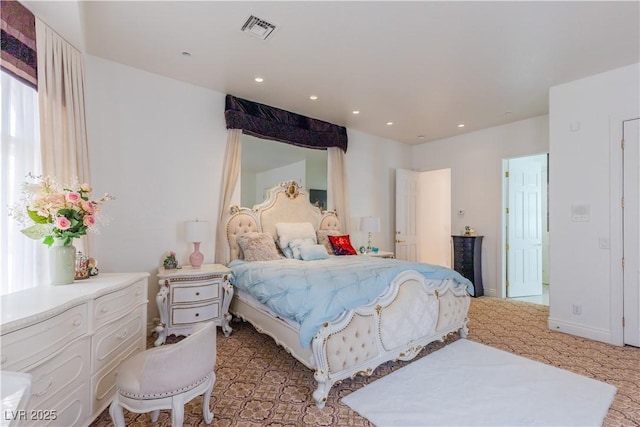 bedroom with light carpet, baseboards, visible vents, and recessed lighting