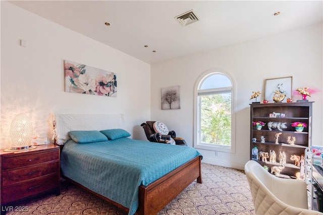 bedroom featuring recessed lighting, visible vents, and baseboards