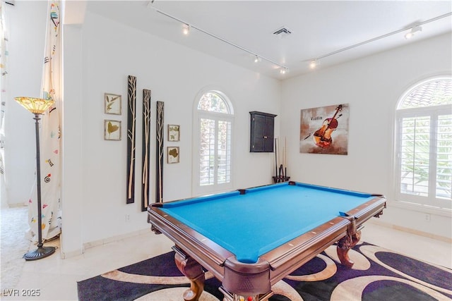 recreation room with visible vents, billiards, rail lighting, and baseboards