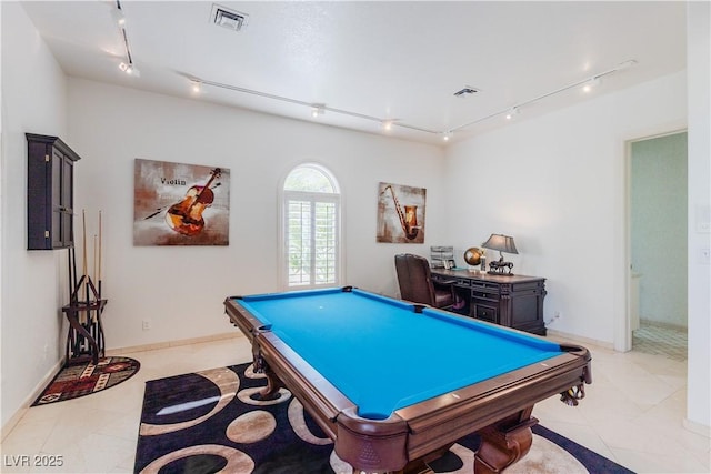 game room featuring pool table, visible vents, and track lighting