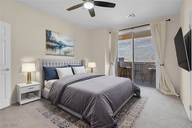 bedroom featuring a ceiling fan, access to exterior, light colored carpet, and visible vents