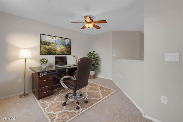 office featuring baseboards, carpet floors, and ceiling fan