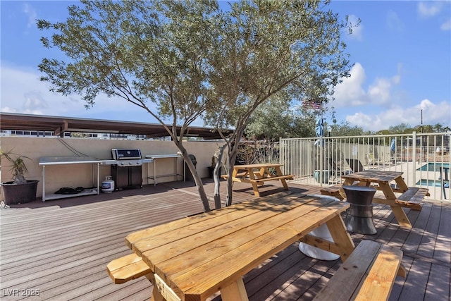 deck featuring a fenced in pool