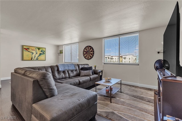 living room with a textured ceiling, plenty of natural light, wood finished floors, and baseboards