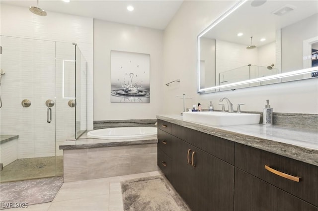 full bathroom featuring a garden tub, recessed lighting, a stall shower, vanity, and tile patterned flooring