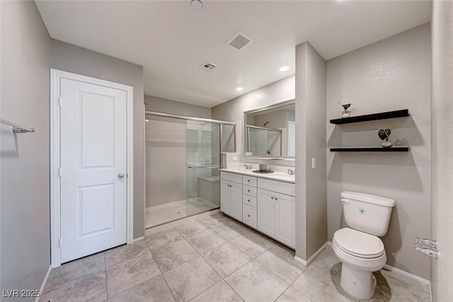 full bath with toilet, a stall shower, visible vents, and vanity