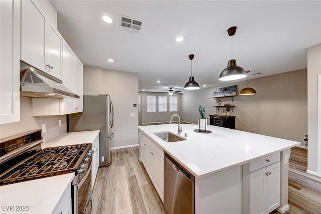 kitchen with visible vents, backsplash, appliances with stainless steel finishes, a sink, and under cabinet range hood