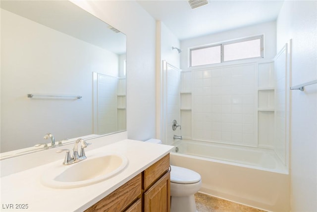 bathroom featuring shower / bathing tub combination, visible vents, toilet, and vanity