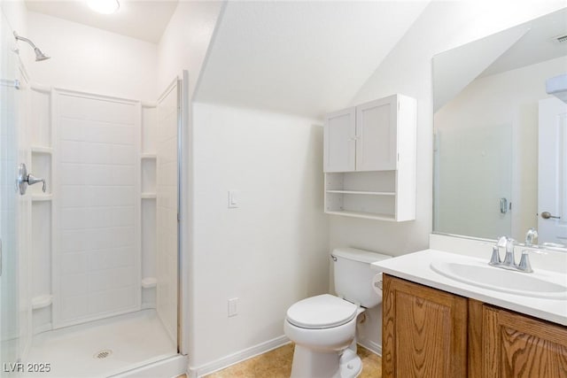 bathroom featuring visible vents, baseboards, toilet, a stall shower, and vanity