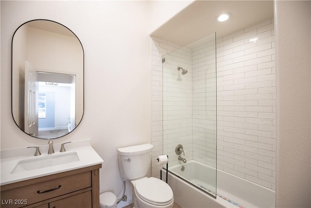 full bathroom with toilet, vanity, and bathing tub / shower combination