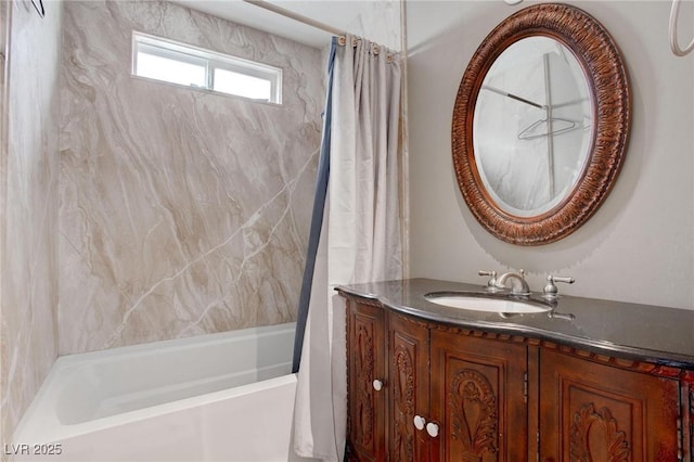 bathroom with vanity and shower / bathtub combination with curtain