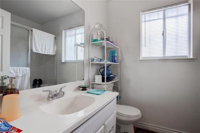 full bath with toilet, a stall shower, vanity, and a wealth of natural light