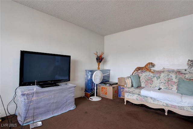 carpeted living room featuring a textured ceiling