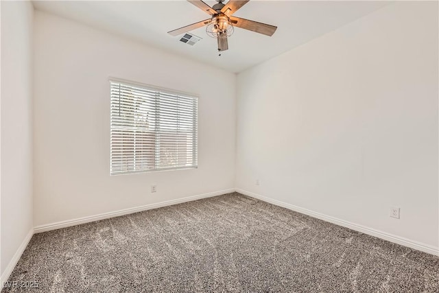 spare room with carpet, visible vents, ceiling fan, and baseboards