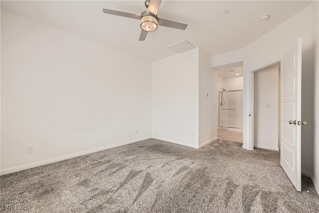 unfurnished bedroom featuring carpet, baseboards, and a ceiling fan