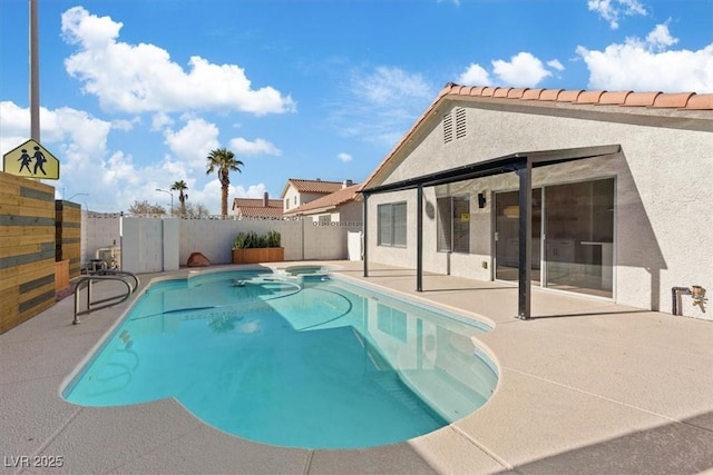 view of swimming pool with a fenced backyard, a fenced in pool, and a patio