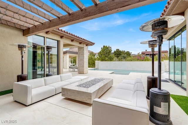 view of patio with an outdoor pool, an outdoor living space with a fire pit, and a pergola