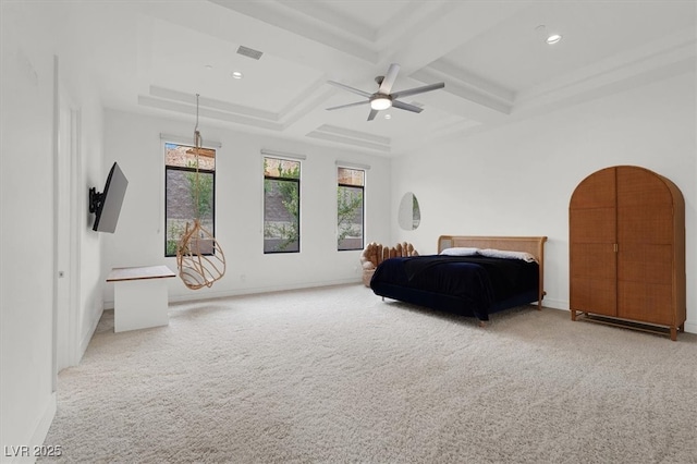 bedroom with visible vents, carpet floors, coffered ceiling, and beam ceiling