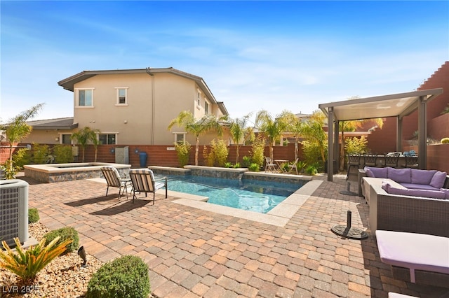 view of pool featuring central air condition unit, a patio, a fenced backyard, and a hot tub