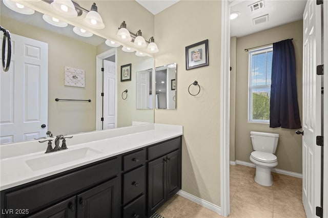 bathroom featuring tile patterned floors, visible vents, toilet, and vanity