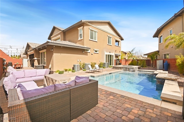 view of pool featuring central air condition unit, a patio, an outdoor hangout area, and a fenced backyard