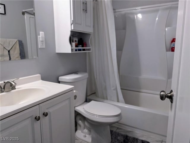 full bath with toilet, vanity, and shower / bath combination with curtain