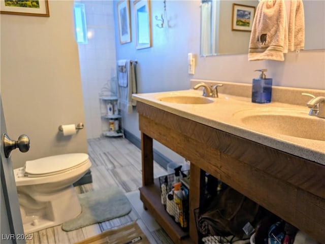 full bathroom with double vanity, toilet, and a sink