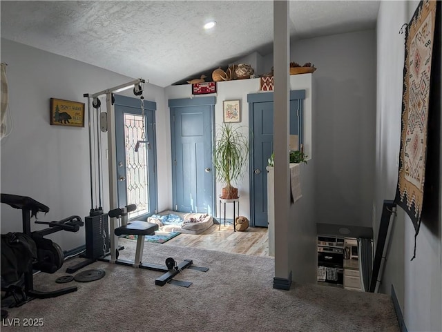 exercise area featuring lofted ceiling, carpet flooring, and a textured ceiling