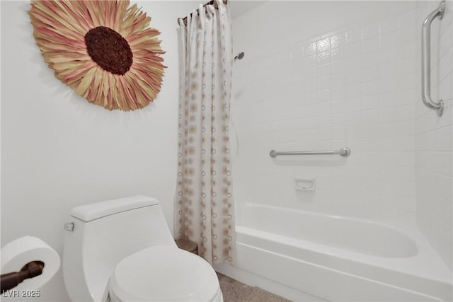 bathroom with toilet and shower / bath combination with curtain