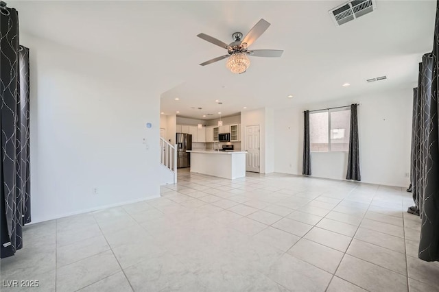 unfurnished living room featuring recessed lighting, light tile patterned flooring, visible vents, and a ceiling fan