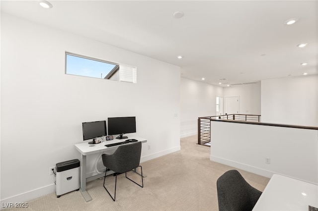 office with recessed lighting, light colored carpet, and baseboards