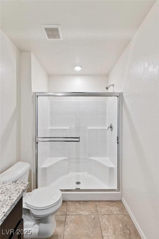 full bathroom featuring visible vents, a shower stall, toilet, and vanity