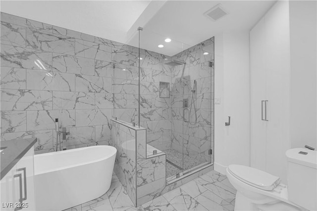 full bathroom with a marble finish shower, visible vents, toilet, marble finish floor, and a freestanding bath