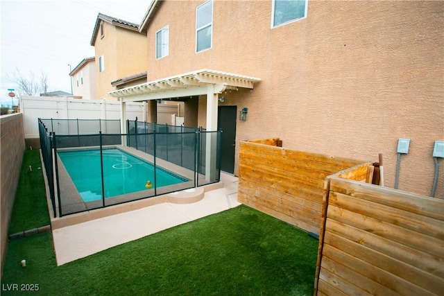 view of swimming pool with a fenced in pool, a fenced backyard, and a pergola